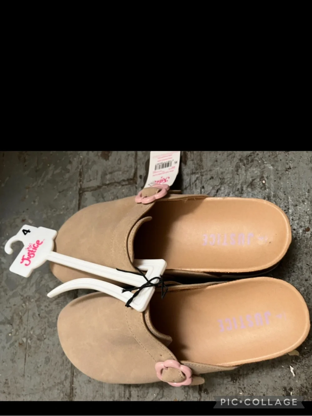 Justice Tan Slip-On Clogs with Pink Flower Buckles